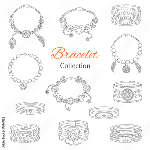 Fashionable bracelets collection, vector hand drawn doodle illustration. photo