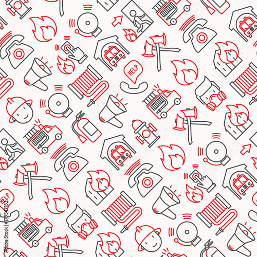 Firefighter seamless pattern with thin line icons: fire, extinguisher, axes, hose, hydrant. Modern vector illustration for banner, web page, print media. photo