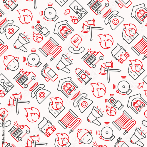 Firefighter seamless pattern with thin line icons: fire, extinguisher, axes, hose, hydrant. Modern vector illustration for banner, web page, print media.