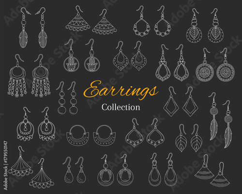 Fashionable earrings collection, vector hand drawn doodle illustration.
