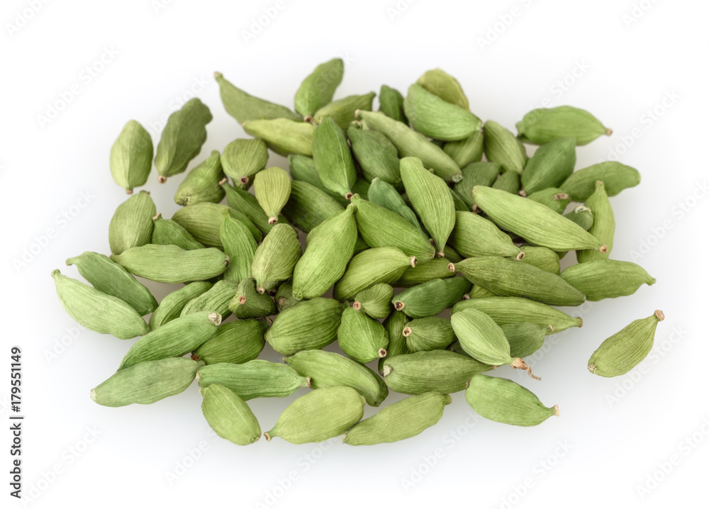 Green cardamon pods isolated on white background Green cardamon pods isolated on white background