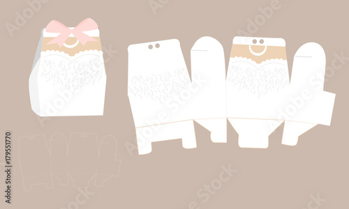 Elegant bridal dress with lace. Wedding dress box. Printable packaging. Bride - white favor box.