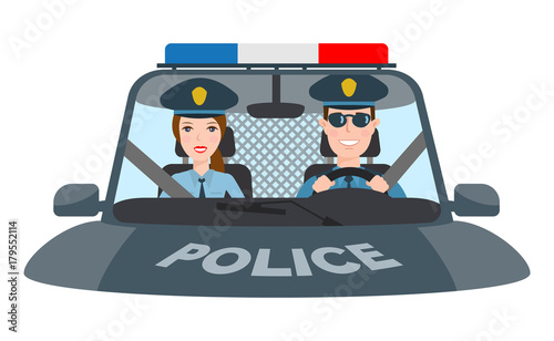 police man and police woman in car front view