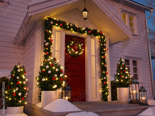 Canvas-taulu christmas decorated porch with little trees and lanterns
