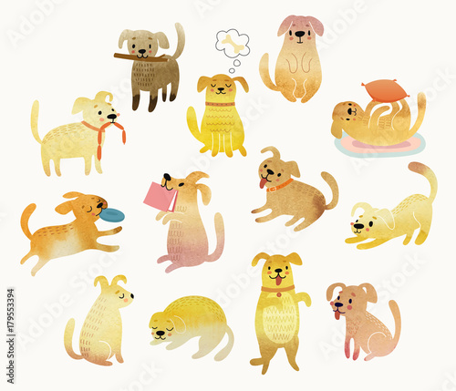 Cute Watercolor yellow dogs. © lumencre
