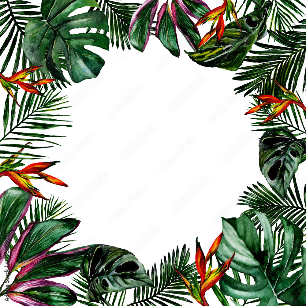 Tropical Hawaii leaves frame in a watercolor style. Aquarelle wild flower for background, texture, wrapper pattern, frame or border. Tropical Hawaii leaves frame in a watercolor style. Aquarelle wild flower for background, texture, wrapper pattern, frame or border.