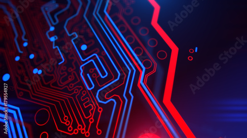 Red and Blue Digital Integrated Technology. Technological background. PCB. Printed circuit board. Computer motherboard. 3d illustration.