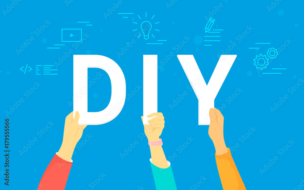 Fototapeta premium DIY letters vector illustration of happy people providing do it yourself concept. Flat human hands hold white letters on blue background with social media icons such as video tutorials, skill sharing