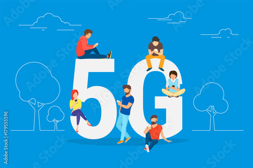 Flat people with gadgets sitting on the big 5G symbol. Addicted to networks people concept illustration of young men and women using high speed wireless connection 5G via mobile smartphone.