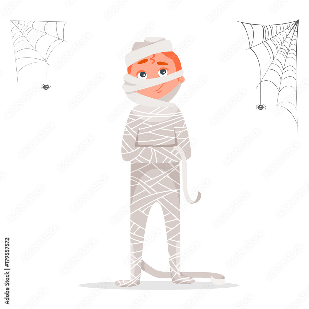 Male teenage dressed in costume of mummy celebrating at Halloween party. Vector illustration colorful isolated on white background, spider web design added Male teenage dressed in costume of mummy celebrating at Halloween party. Vector illustration colorful isolated on white background, spider web design added