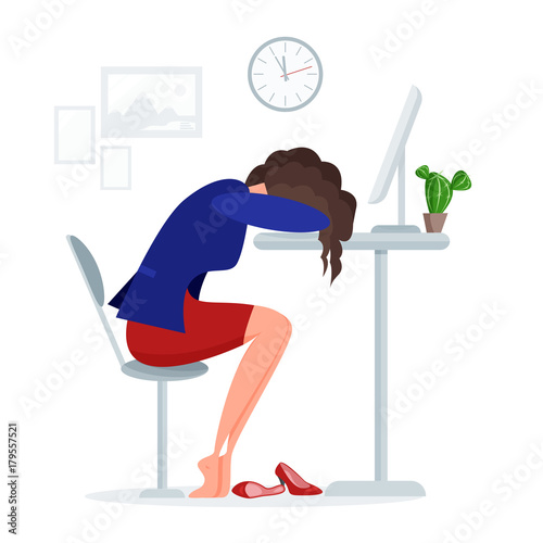 Woman get tired sleeps at work at lunch time right at the office desk near laptop. Vector illustration colorful isolated on white background