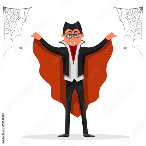 Male teenage dressed in costume of vampire celebrating at Halloween party. Vector illustration colorful isolated on white background, spider web design added