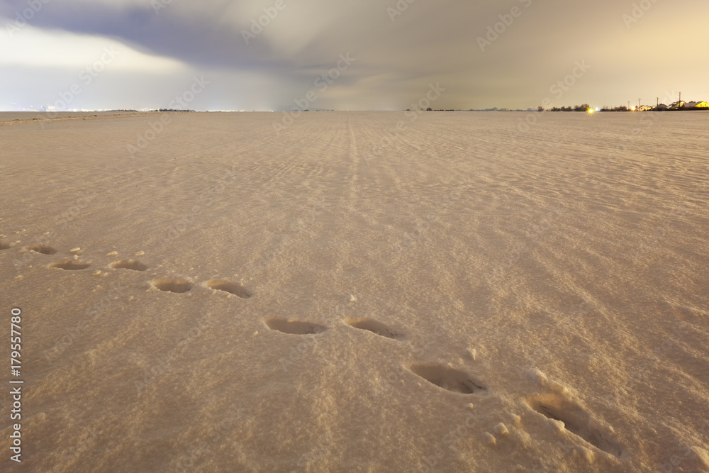 Fototapeta premium Footprints On Snow Covered Field At Night