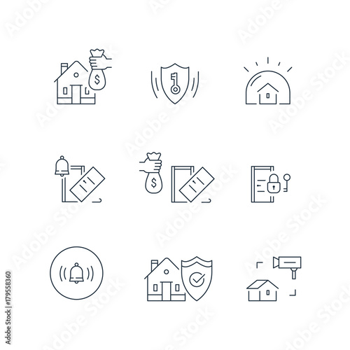 House video camera surveillance, alarm guard system, home security, burglary protection, property break in insurance, stroke icon