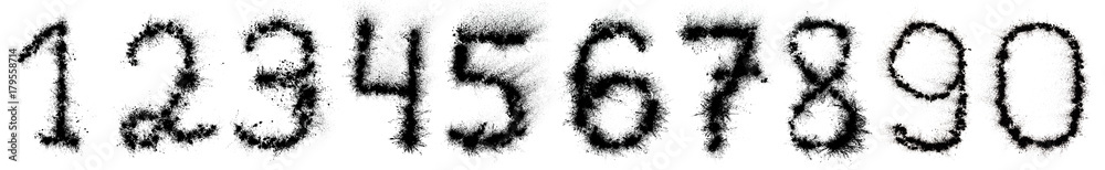 Fototapeta premium Set of numbers from 0 to 9 made of ink black powder isolated on white. Scary halloween font.
