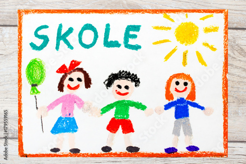 Photo of  colorful drawing: Swedish word SCHOOL and happy children. First day at school.