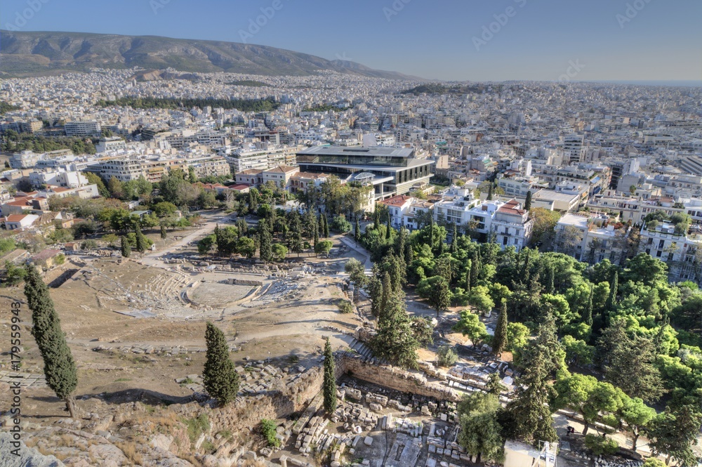 View of Athens from The Acropolis with The Theatre of Dionysus, Athens.