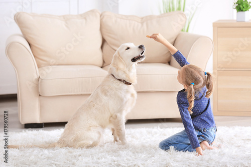 Cute little girl with dog a...
