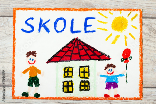 Photo of  colorful drawing: Swedish word SCHOOL, school building and happy children. First day at school.