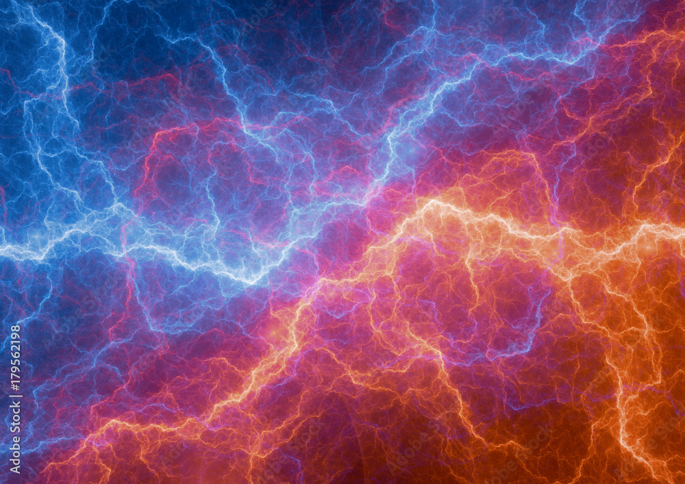 Hot red fire and cold ice lightning, abstract electrical background Hot red fire and cold ice lightning, abstract electrical background