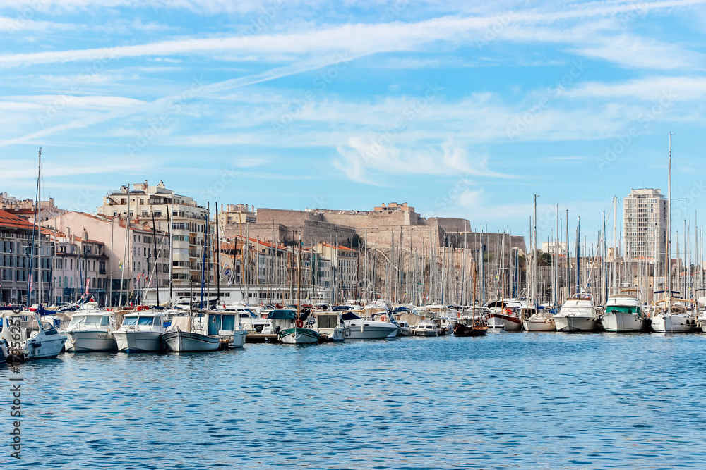 cityscape of boats at pier in Marseille