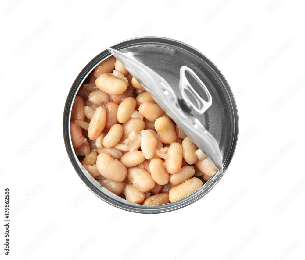 Open tin can with beans on white background Open tin can with beans on white background