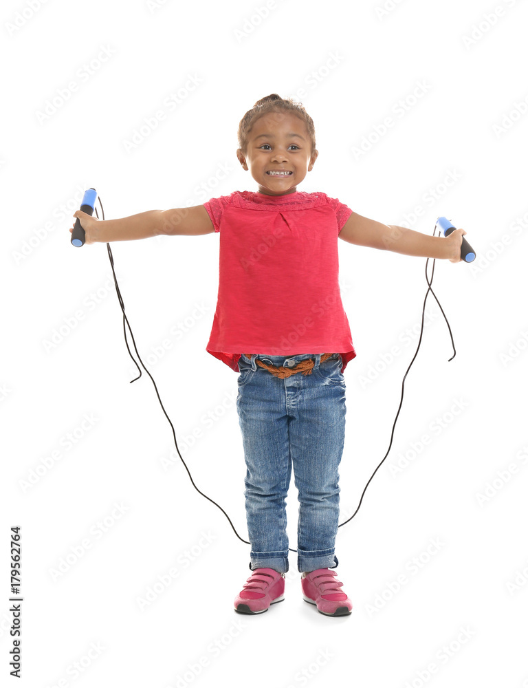 Cute African American girl skipping rope on white background Cute African American girl skipping rope on white background