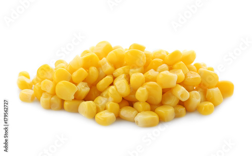 Canned corn kernels on white background