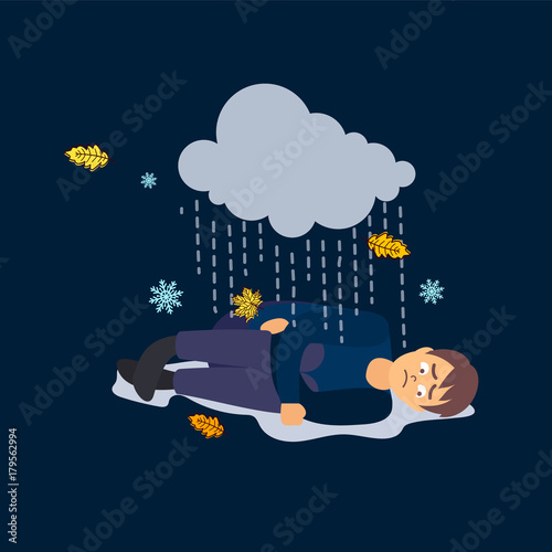 Sad man. Bad weather. Depression Vector flat cartoon illustration,  heartbroken alone sad young man guy.