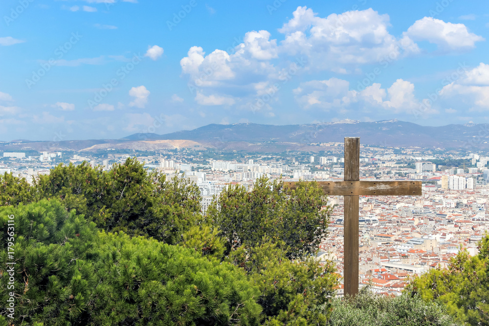 landscape with cross on mountains top in Marseille, France 