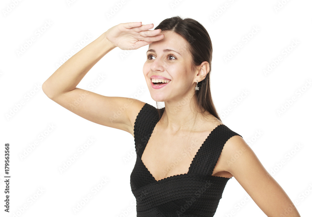 Portrait of beautiful brunette woman looking far, holding her arm hear her eyes Portrait of beautiful brunette woman looking far, holding her arm hear her eyes