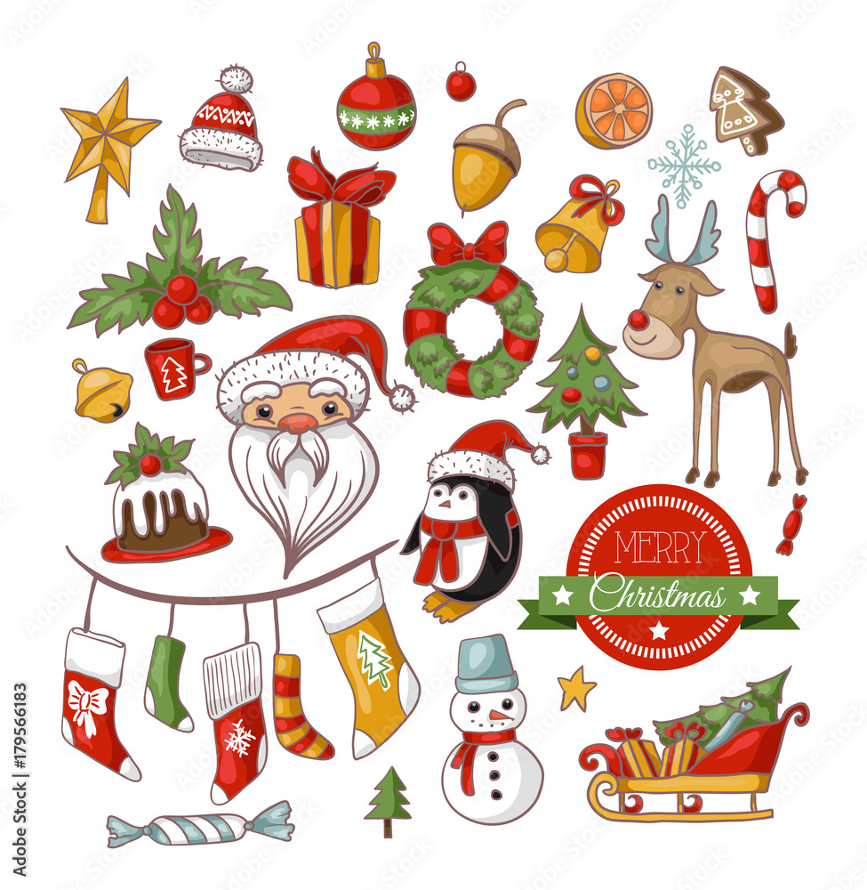 Fototapeta premium Christmas holiday set with santa, bells, candy, christmas tree, socks and other. Hand drawing vector illustration