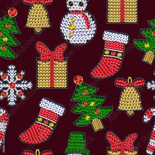 PrintPattern seamless with christmases patches with sequins. Snowflake, candy, bell, Santa and other stickers.