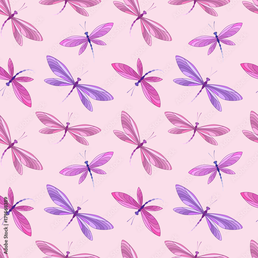 Vector illustration seamless pattern of dragonfly. Background with dragonflies in flight