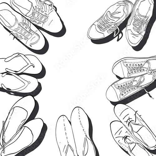 Set hand drawn graphic Men and women Footwear, shoes.