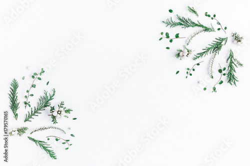 Christmas composition. Frame made of winter plants, flowers, berries on white background. Christmas, winter, new year concept. Flat lay, top view, copy space