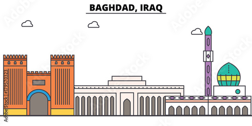 Baghdad, Iraq outline skyline, arab flat thin line icons, landmarks, illustrations. Baghdad, Iraq cityscape, arab vector travel city banner. Urban silhouette