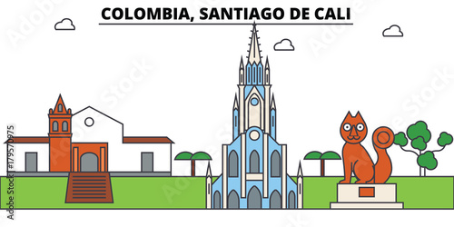 Colombia, Santiago De Cali outline skyline, columbian flat thin line icons, landmarks, illustrations. Colombia, Santiago De Cali cityscape, vector travel city banner. Urban columbian silhouette