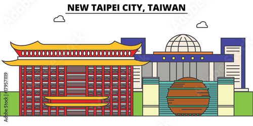 New Taipei City, Taiwan outline skyline, Taiwanese flat thin line icons, landmarks, illustrations. New Taipei City, Taiwan cityscape, Taiwanese vector travel city banner. Urban silhouette