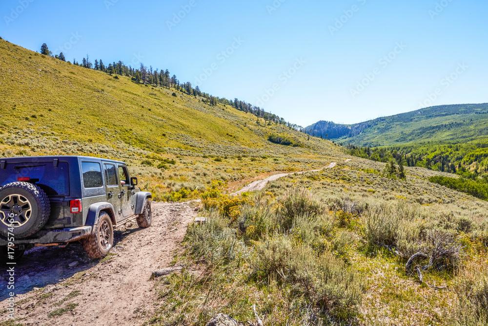 4WD vehicle driving off road through mountains