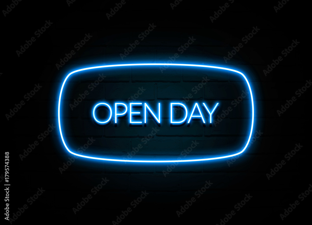 Open Day  - colorful Neon Sign on brickwall