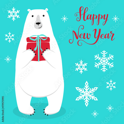 Cute Christmas greeting card with hand drawn cartoon character of Polar Bear, snowflakes and lettering