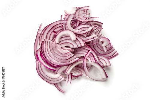 Red sliced onion, top view, isolated on white background.