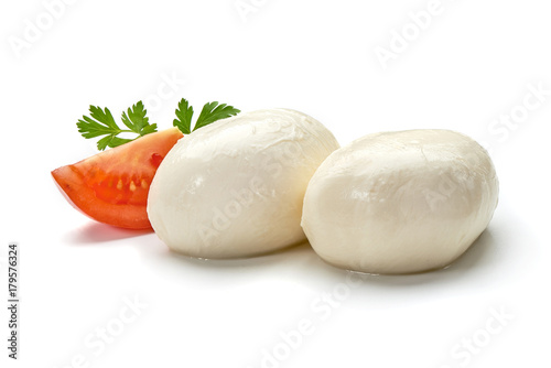 Mozzarella cheese, close-up, isolated on white background.