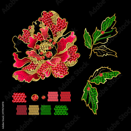 Japanese peony flowers embroidery with sequins and beads for print of textile design. Vector illustration.