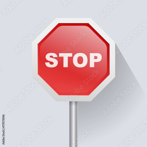 Red road sign with text Stop icon. 