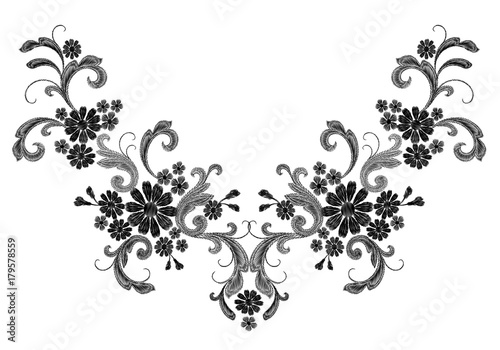 Realistic white vector embroidery fashion symmetric patch. Flower rose daisy leaves vintage victorian design. Stitch texture floral arrangement clothes decoration illustration