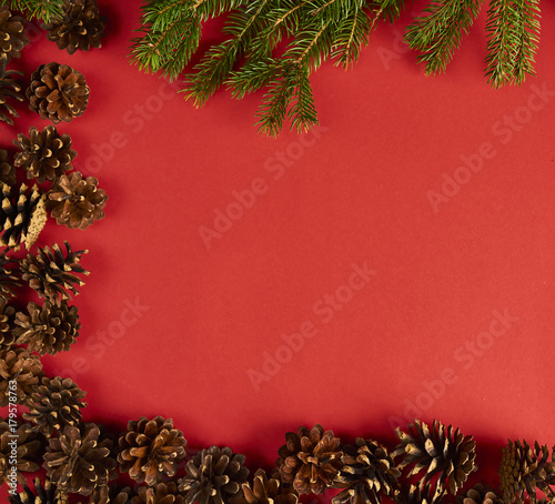 Pine cones with christmas tree on red background. Design mockup