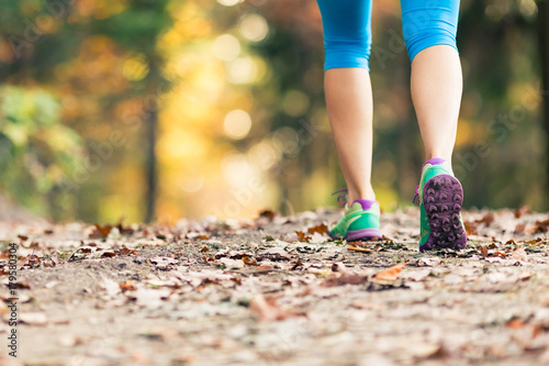 Woman walking and hiking in autumn forest