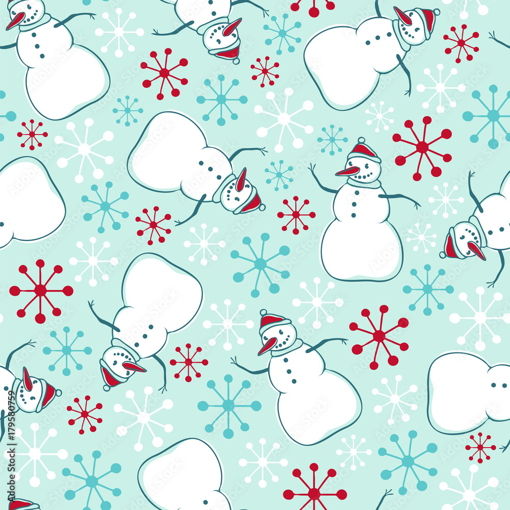 Jolly snowman. Seamless vector pattern with snowman.